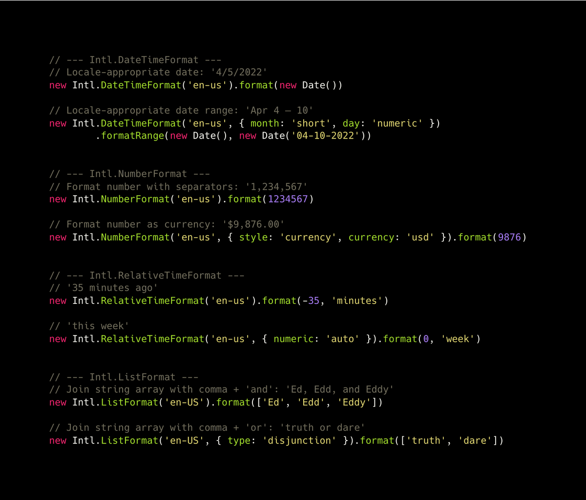 JayrobinDev's tweet image. The JavaScript Intl API makes formatting numbers, dates, currencies, and lists incredibly easy.

Not too long ago, each of these could have been a Leetcode question.