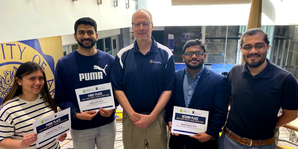 UAkron_Engr's tweet photo. Congrats to  #polymer and #ChemE engineering students Gabrielle Rey, Dipak Pukale, &amp; Satej Joshi who crushed UA’s 3-Minute Thesis Competition! 👊 Next up – repping UA at the Midwestern Association of Graduate Schools mtg in Milwaukee on 4/6. https://t.co/OKZqUa2HQZ