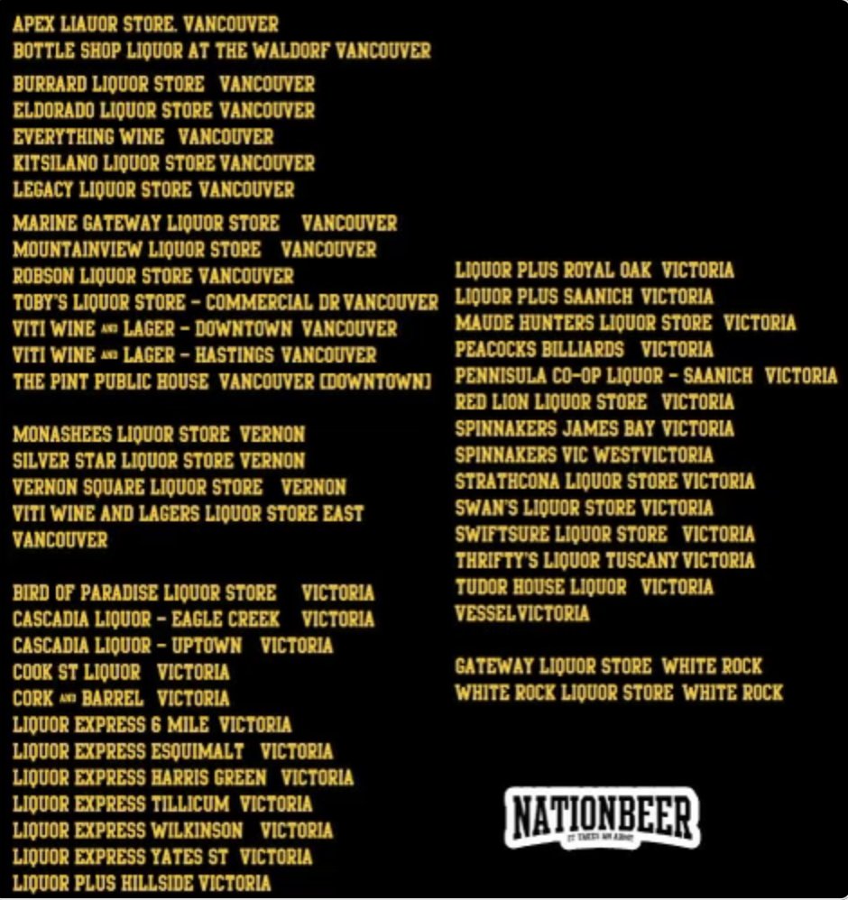 dfovancouver's tweet photo. Find NATIONBEER by
@LighthouseBeer + @CanucksArmy in retail liquor stores all over BC!
If your local store doesnβt carry it, ask them to bring it in!!
#nationbeer #lighthousebrewing #yvr https://t.co/inU3hJZqqJ