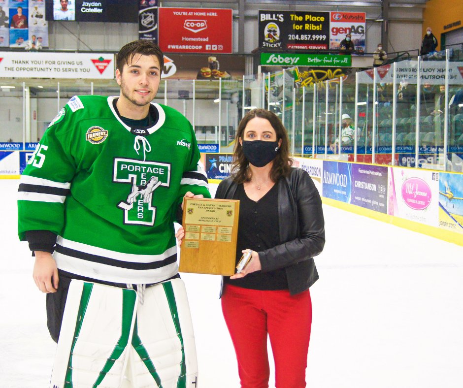 Getting our game face on! Our Marketing and Communications Manager, Shannon Vaughan, presented the Homestead Co-op Fan Appreciation Award at the <a href="/PortageTerriers/">Portage Terriers</a> game on March 11th against the <a href="/winklerflyers/">Winkler Flyers</a>. Fans voted this year for Terriers Goalie, Jayden Catellier. Congrats!