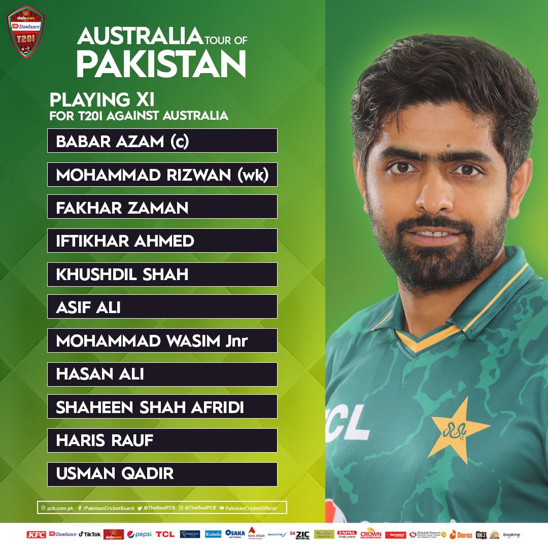 TheRealPCB's tweet photo. 🚨 T O S S  A L E R T 🚨 

Australia won the toss and decided to field first. Here is Pakistan’s squad for today: 

#BoysReadyHain l #PAKvAUS https://t.co/uMMtu08kN2
