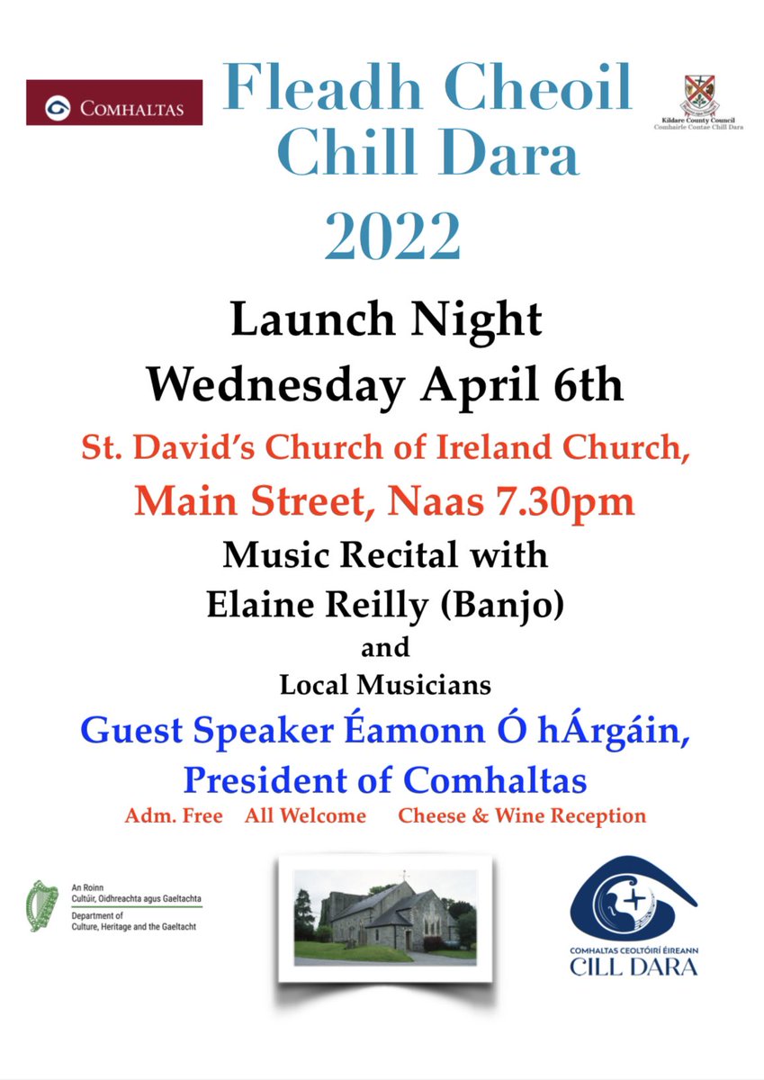 CCE_Kildare's tweet photo. Launch of Fleadh Cheoil Chill Dara tomorrow Wednesday April 6th in Naas. Exciting news and events to be announced. All welcome! Details below! @leinsleadernews @LiffeyChamp @ArtsInCoKildare @RussellLucina https://t.co/IkR68tVoAk