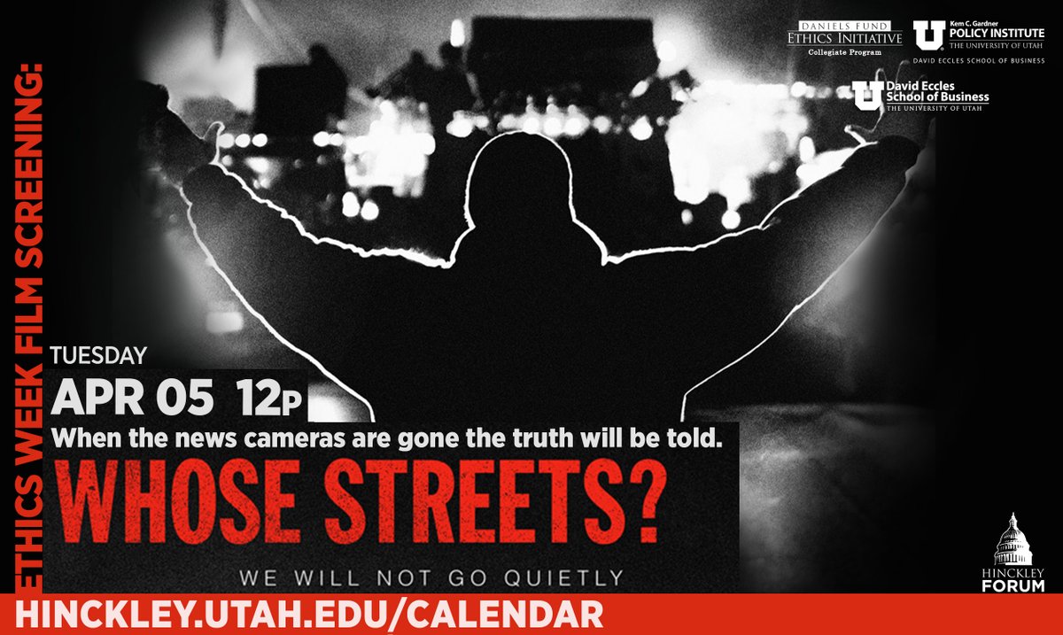 KemGardnerInst's tweet photo. Happening Today: #EthicsWeek Day 2. Screening of "Whose Streets? We Will Not Go Quietly", 12:00-1:00pm, Child Hall, Spencer Fox Eccles Business Building. Co-sponsored by @hinckleyinst @UBusiness. Lunch will be served. Learn more at https://t.co/OUFySfYuMh https://t.co/sj0NEqUAET