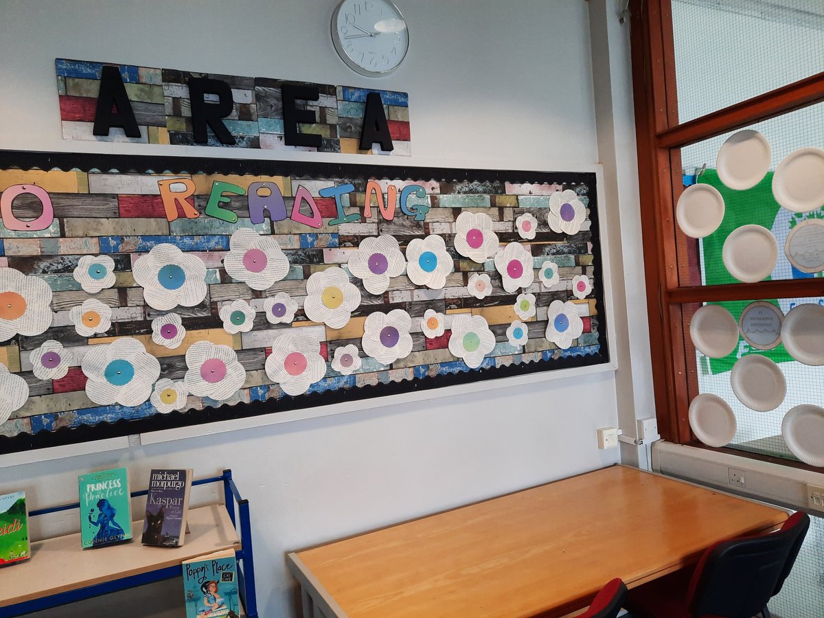 LibraryLane1978's tweet photo. New April reading display in the library....put up in the peace and quiet in the holidays. 
Flowers made from upcycled books cut into circles. 
#schoollibrarydisplay https://t.co/RTXlkGik4W