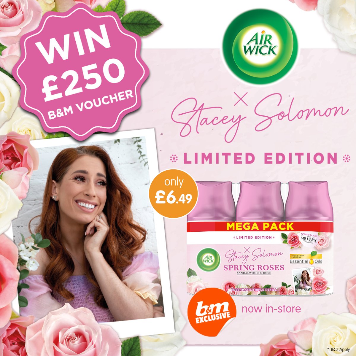 🌹 #COMPETITION TIME 🌹

We're so excited to see the launch of Air Wick's <a href="/StaceySolomon/">Stacey Solomon</a> range that we're giving away a £250 B&amp;M voucher to ONE lucky winner!

For a chance to #WIN, simply 

1) FOLLOW US
2) RT this post
3) COMMENT #BMStacey!

Competition ends 9am 12/4/22