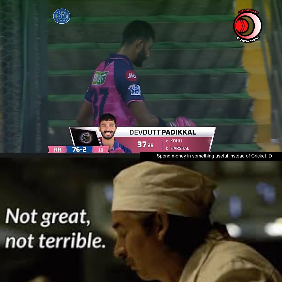 DadaAcademyT20's tweet photo. In the end it was a knock which was not enough to give him a strong penalty for violation. We will wait for his next match performance to make a final decision on his membership.
#TATAIPL #RRvsRCB https://t.co/TEsnYThhYK