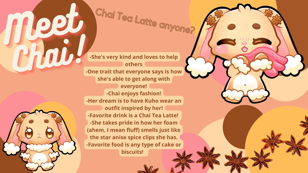 Kuho_Marble's tweet photo. Meet the next buddy, Chai! She's the first bunny to the group of friends. Hope you're excited for tomorrow's buddy as well!!!!
Mascot art by @CosmicMink
#pngtuber #newart #mascots #futureyoutuber https://t.co/310akW9LQl