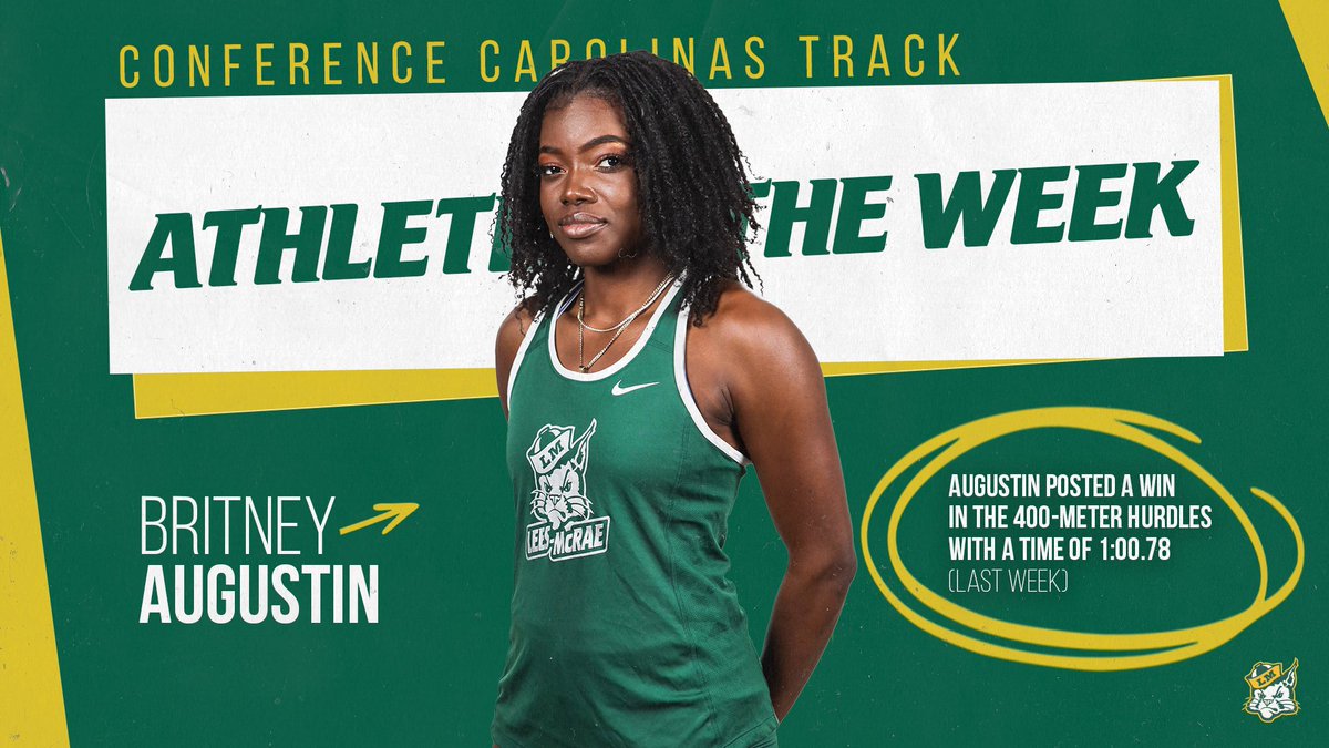 .<a href="/LMCBobcatsCC_TF/">Lees-McRae College XC/Track & Field</a>'s Britney Augustin has been named the <a href="/ConfCarolinas/">Conference Carolinas</a> Co-Track Athlete of the Week after winning the 400-meter hurdles (1:00.78) on Saturday and earning an <a href="/NCAADII/">NCAA Division II</a> provisional time in the event. Read more ⬇️

📰👉bit.ly/3uaznh5

#BEmore | #GoBobcats