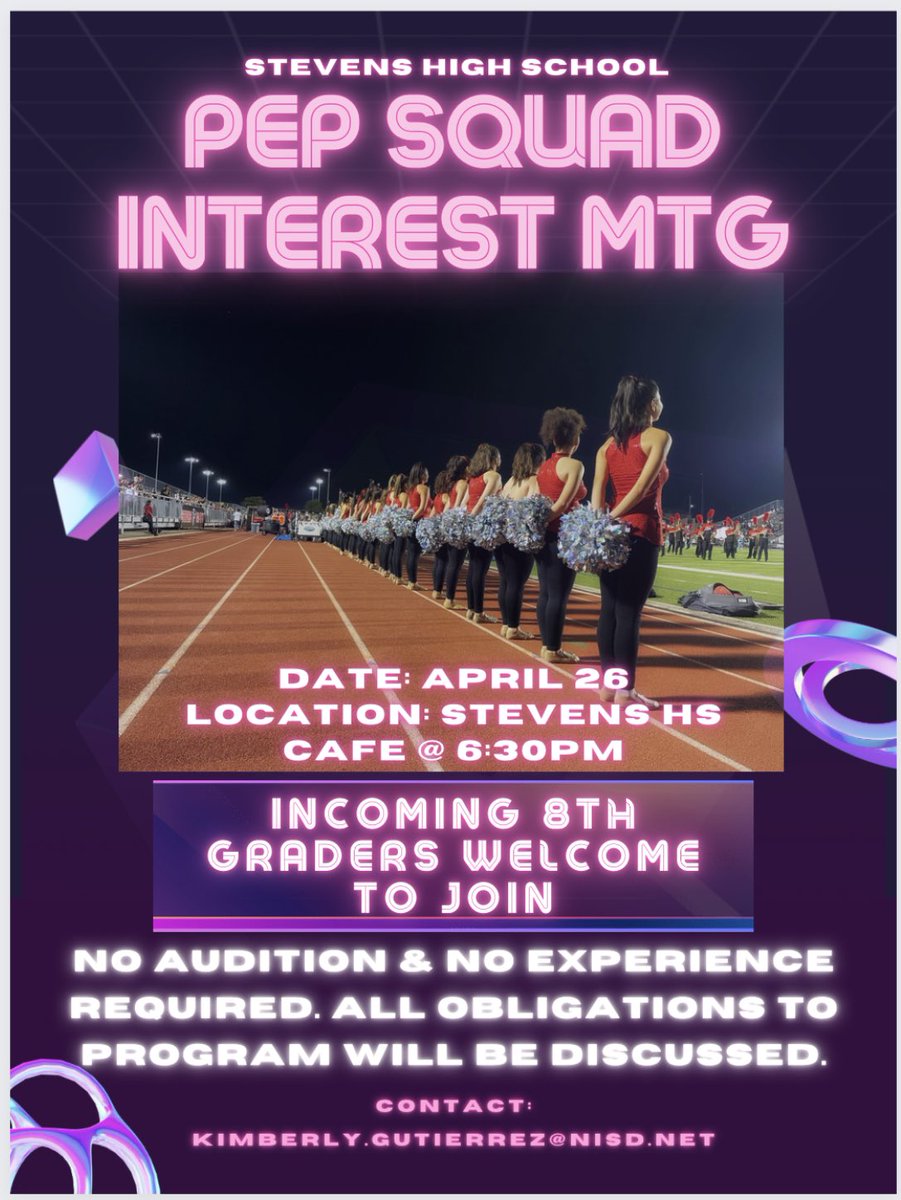 ‘22-‘23 STEVENS HS PEP SQUAD INTEREST MEETING❤️🤍🖤 April 26th, 6:30 PM in SHS Cafeteria