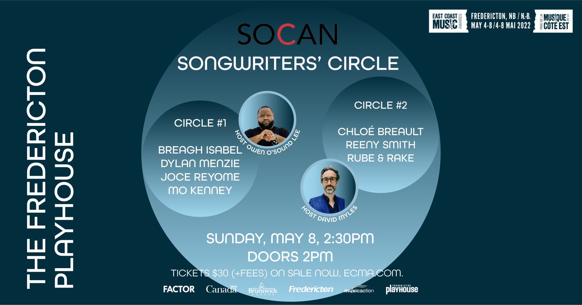 ECMA is pleased to announce the <a href="/SOCANmusic/">SOCAN</a> Songwriters’ Circle on Sunday, May 8, 2022 at 2:30PM from the <a href="/FredPlayhouse/">Fredericton Playhouse</a> 😍🎶

Join hosts <a href="/callmeosound/">O'Sound</a> &amp; <a href="/mylesdavid/">David Myles</a>, alongside incredible Atlantic Canadian songwriters.
 
Tickets are on sale now at $30+fees theplayhouse.ca/en/schedule-an…