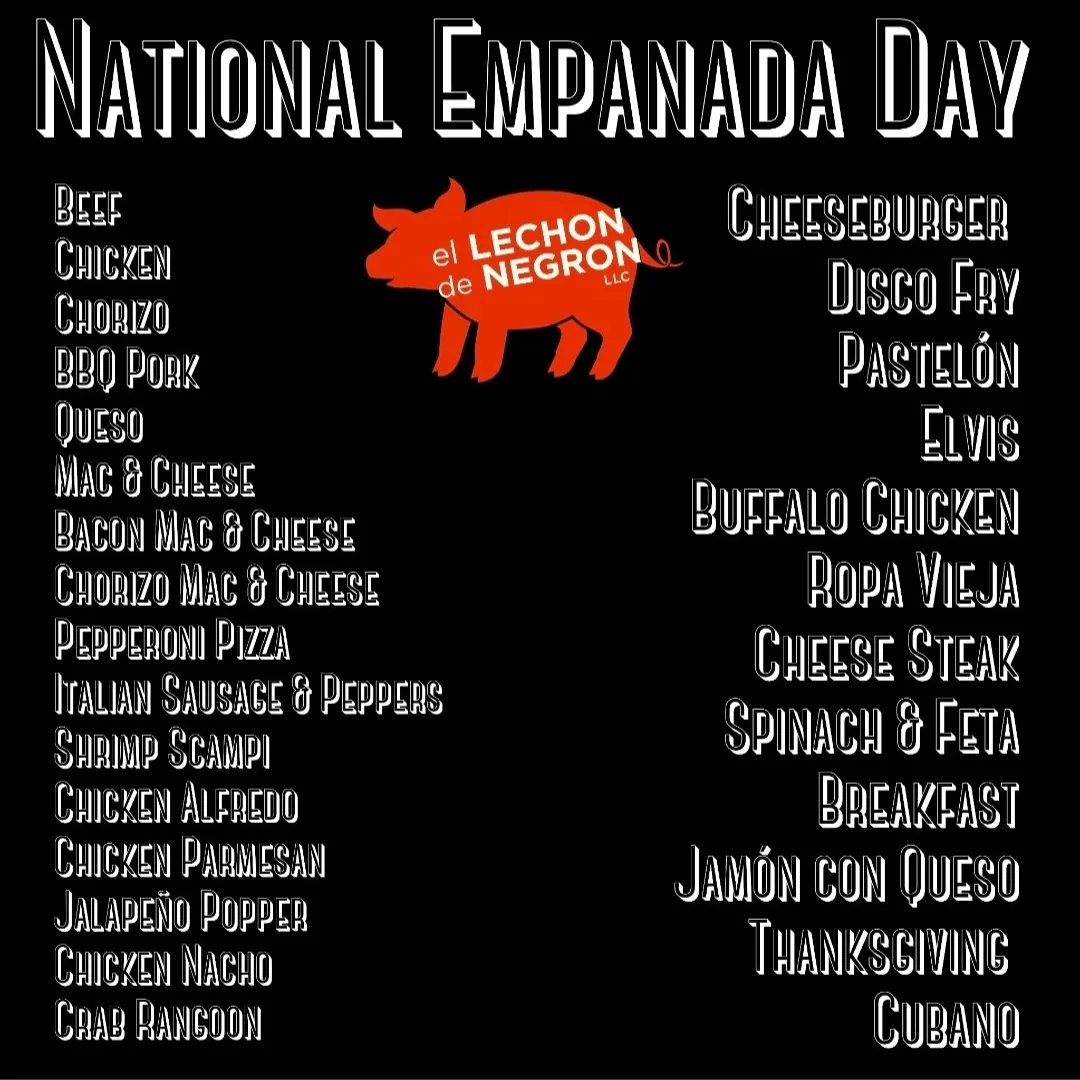 🥟🚨🥟🚨🥟🚨🥟🚨🥟🚨🥟🚨🥟🚨
.
THE OFFICIAL LIST FOR FRIDAY
.
Here are our flavors for #nationalempanadaday 
.
OVER 30 KINDS TO CHOOSE FROM!!!!
.
More info to come; regarding ordering, details, etc. 
See you all this Friday April 8th!