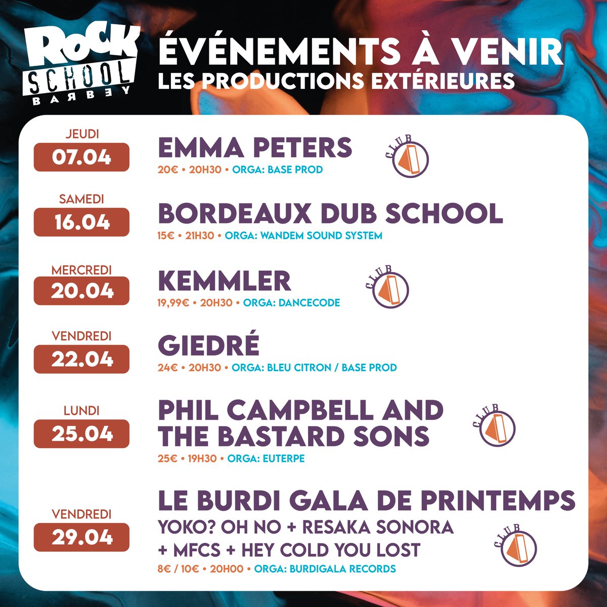 RS_Barbey's tweet photo. PRODUCTIONS EXTÉRIEURES | AVRIL 🌷

Au programme ce mois-ci : l’incontournable #DubSchool, des concerts en club avec @emmaptrs96, @Ke2mler, une soirée perchée avec @GiedReLaLaLa et un Burdi Gala De Printemps. 🔥

📅 Choisissez vos soirées : https://t.co/26bvrqVTmv https://t.co/ZYDAmMG3TS