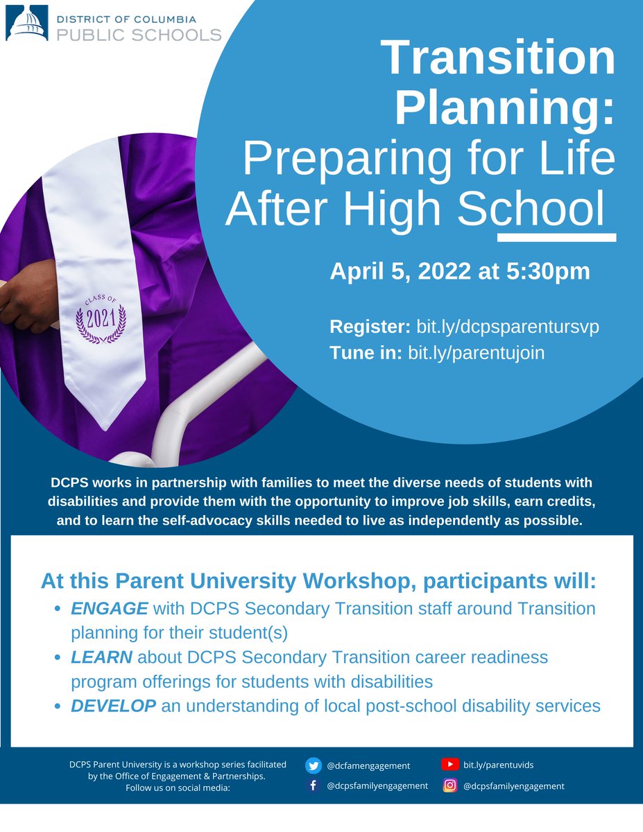 Join us today to hear from <a href="/dcpublicschools/">DC Public Schools</a> Transition Team and the <a href="/DDS_DC/">DC DDS</a> about supporting students with disabilities plan for a successful post-secondary transition! Tune in at 5:30pm TODAY at bit.ly/parentujoin.