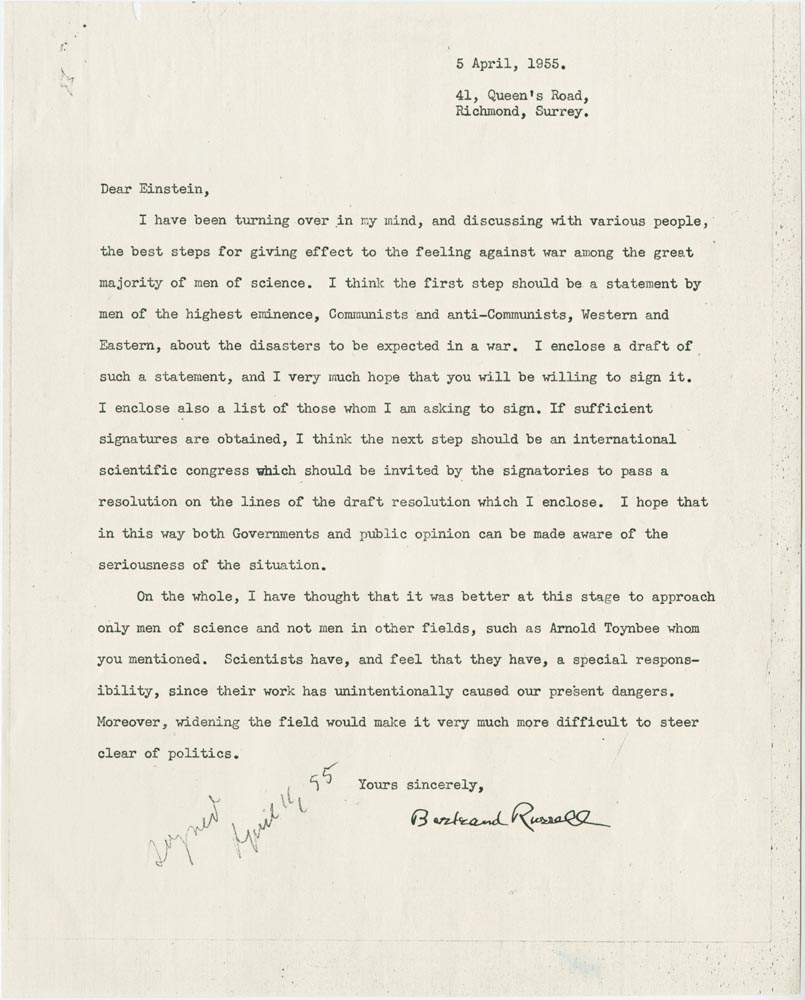 NobelPrize's tweet photo. On 5 April 1955, literature laureate Bertrand Russell wrote to physics laureate @AlbertEinstein to ask for his support in standing up against nuclear weapons. Einstein agreed, leading to the Russell-Einstein Manifesto, which the scientist signed just days before his death. https://t.co/BLp4bb66S2