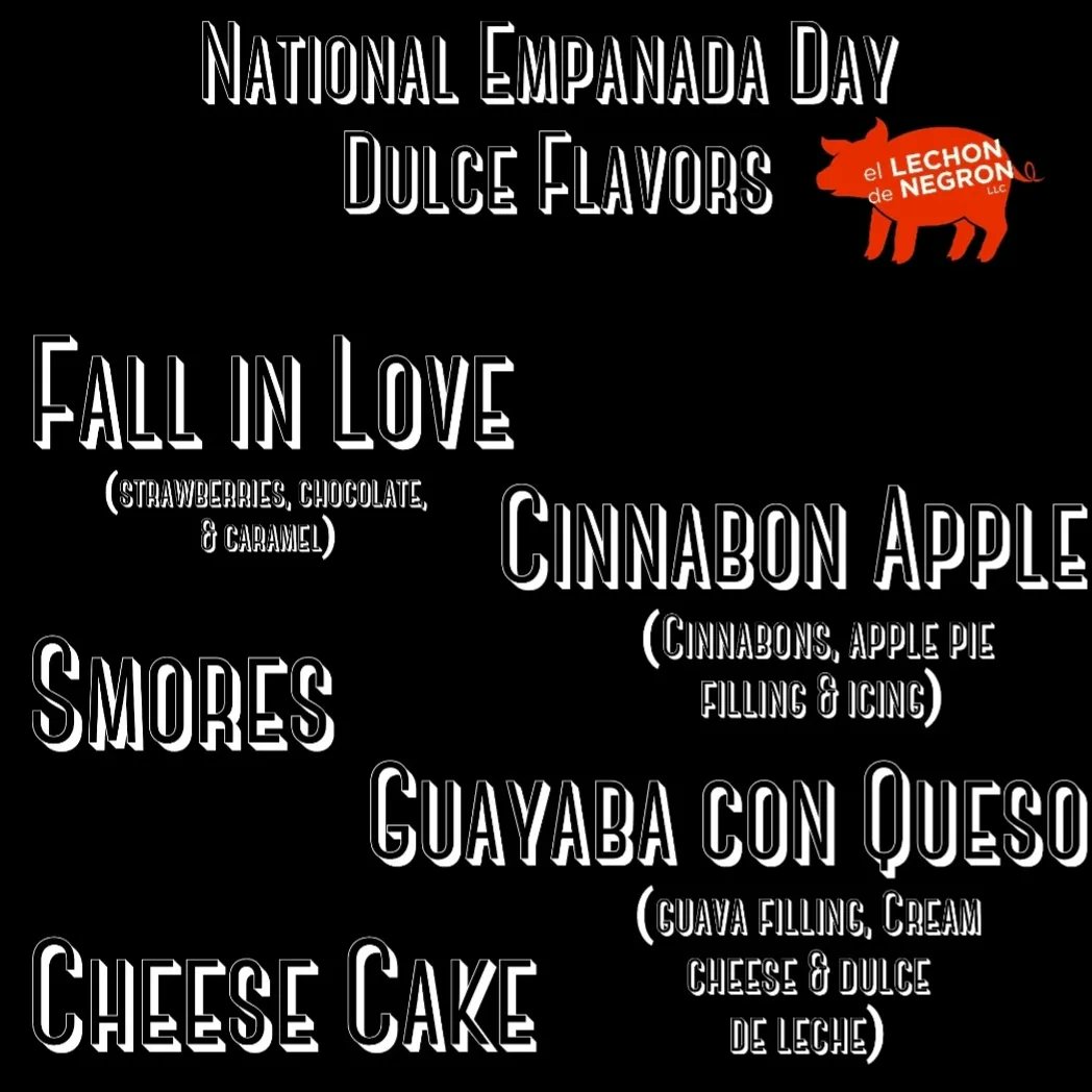 🥟🚨🥟🚨🥟🚨🥟🚨🥟🚨🥟🚨🥟🚨
.
THE OFFICIAL LIST FOR FRIDAY
.
Here are our flavors for #nationalempanadaday 
.
OVER 30 KINDS TO CHOOSE FROM!!!!
.
More info to come; regarding ordering, details, etc. 
See you all this Friday April 8th!