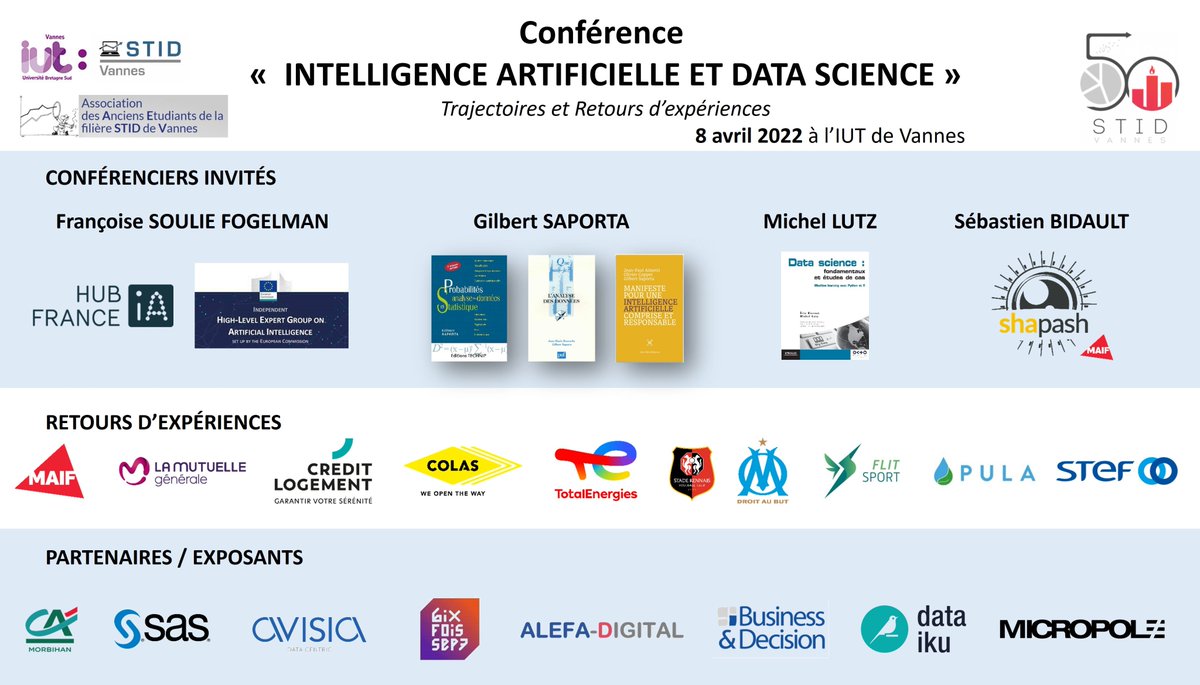 💡 Journée de conférences #IntelligenceArtificielle et #DataScience dont nous sommes partenaires Gold
📆 Vendredi 8 avril à l’<a href="/IUTvannes/">IUT DE VANNES</a>
Inscriptions 👉 billetweb.fr/journee-semina…

✅ Rencontres avec nos experts et partenaires <a href="/dataiku/">Dataiku</a> <a href="/SASFrance/">SAS France</a> <a href="/HubFranceIA/">Hub France IA</a>, témoignage <a href="/MAIF/">MAIF</a>...