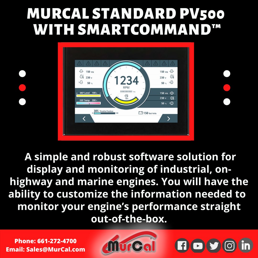 murcal's tweet image. Murcal&apos;s Standard PV500 with Smart Command (murcal.com/MurCal-Standar…) is a simple and robust software solution for display and monitoring of industrial, on-highway and marine engines. #murcal #pv500 #smartcommand #monitoring #Industrial #engines #softwaresolution #display
