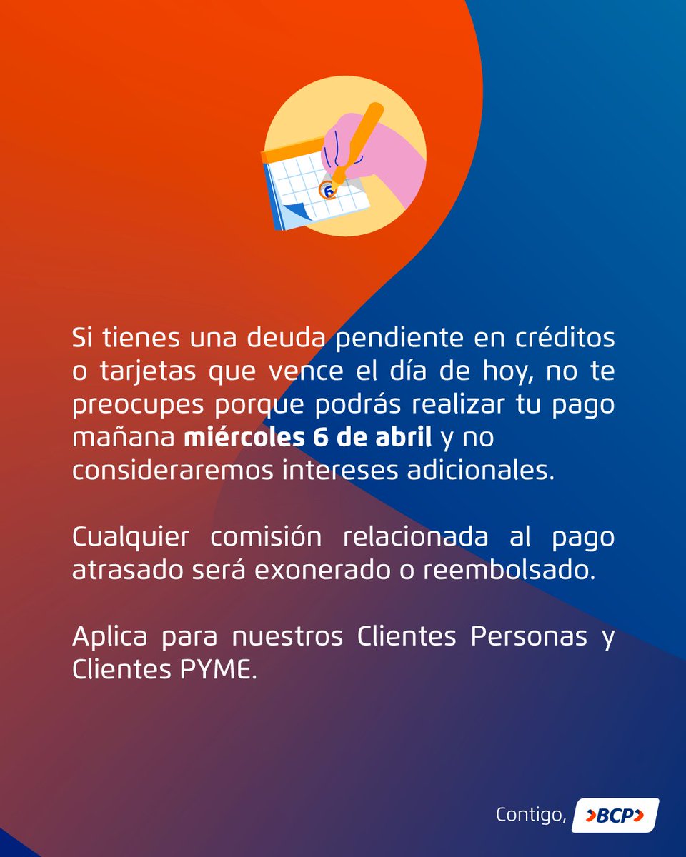 Queremos ser una preocupación menos en estos momentos, por eso, hemos tomado medidas de apoyo para nuestros clientes que tienen deudas y vencen el día de hoy 👇. #ContigoBCP