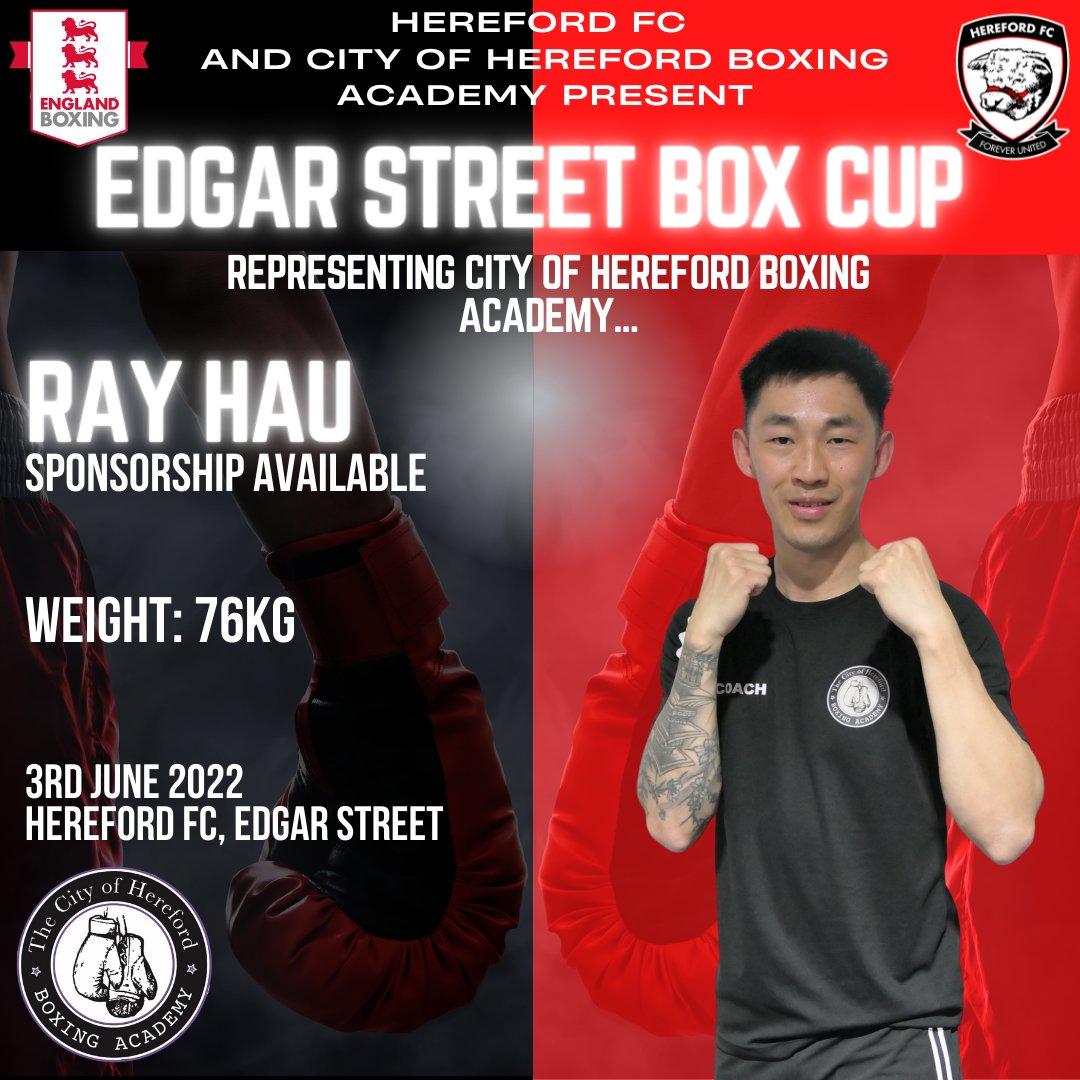 HFC__Events's tweet image. 🎙️ Weighing in at 167 pounds... 𝙍𝙖𝙮 𝙃𝙖𝙪 🎙️

Friday the 3rd of June, Ray Hau will take to the ring in the Edgar Street Box Cup 🥊

Tickets are available on our Website 👇
hereford-fc.myshopify.com/collections/ev…