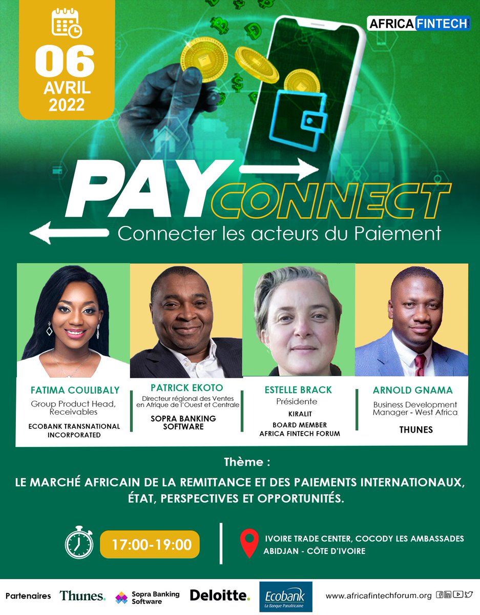 affintechforum's tweet photo. AFRICA FINTECH FORUM relie les acteurs de l'industrie du paiement
#banques #grandedistribution #fournisseurdeservicedepaiement #commerce #restauration #fintech #telecoms #hotellerie.
Participer à l'évènement ce Mercredi 06 Avril 2022 via ce lien :
https://t.co/3aKfzK1N6d https://t.co/TiFLe5TcpT