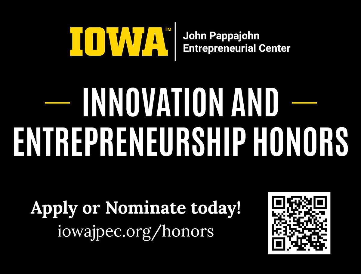 Iowa JPEC is accepting applications and nominations through May 1 for the third annual Innovation and Entrepreneurship Honors. The Honors recognize those who create value through innovation and entrepreneurship. #IowaJPEC 

Apply or nominate today ➭iowajpec.org/honors