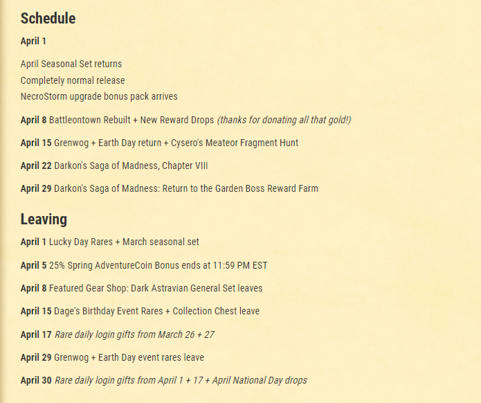 To help you better plan out your month, we've added the "leave" dates for rare gear and seasonal events to the Event Calendar Page in addition to including them in each week's release Design Notes post. aq.com/lore/calendar