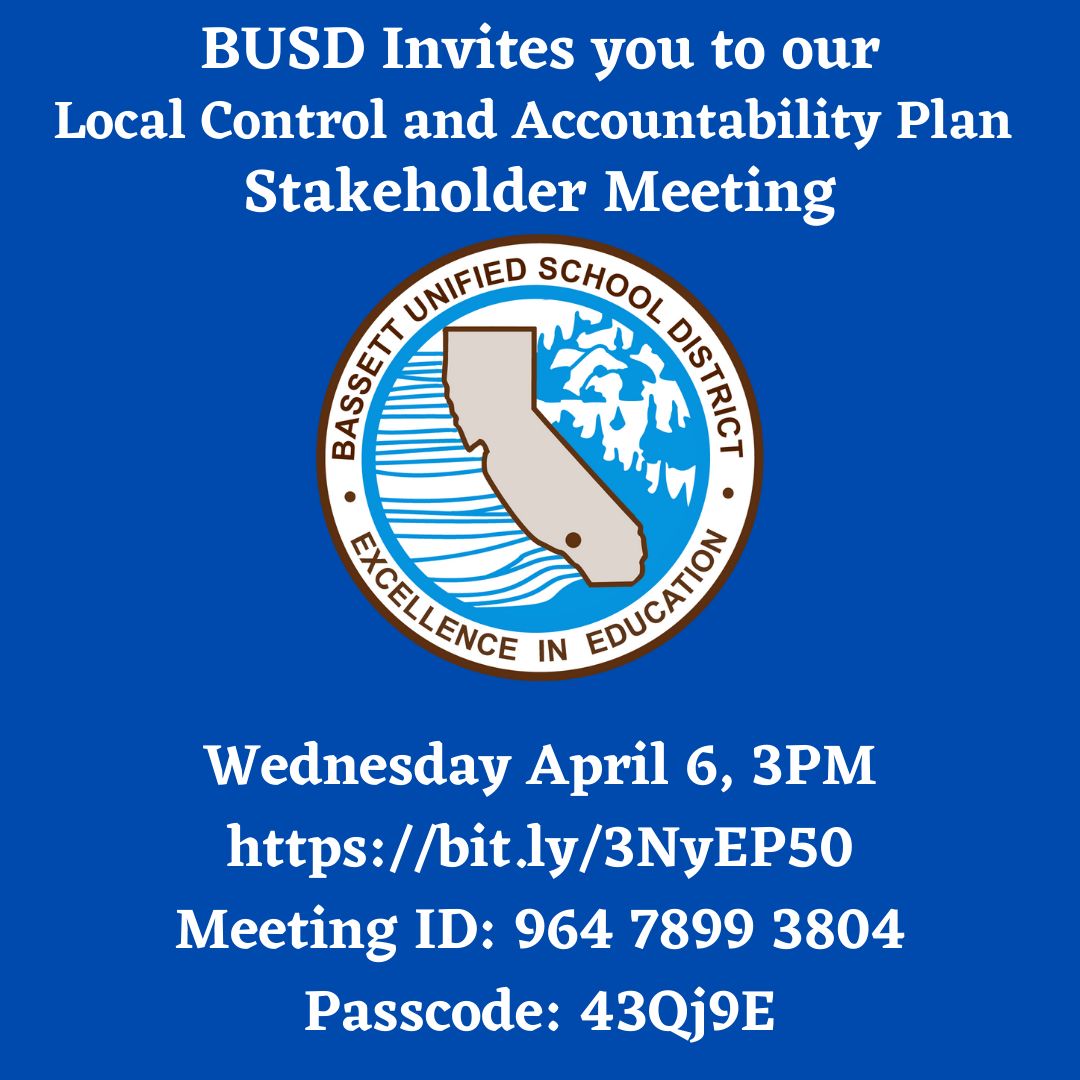 BUSD invites you to participate in our LCAP Educational Partners Meeting on April 6, 2021 at 3pm. Link and passcode are on the website! bit.ly/36UErNK
#bhsbusd #djbusd #skbusd #tmsbusd #vwbusd #nvhsbusd
#BUSDProud
#goknights #EWproud #ewbusd