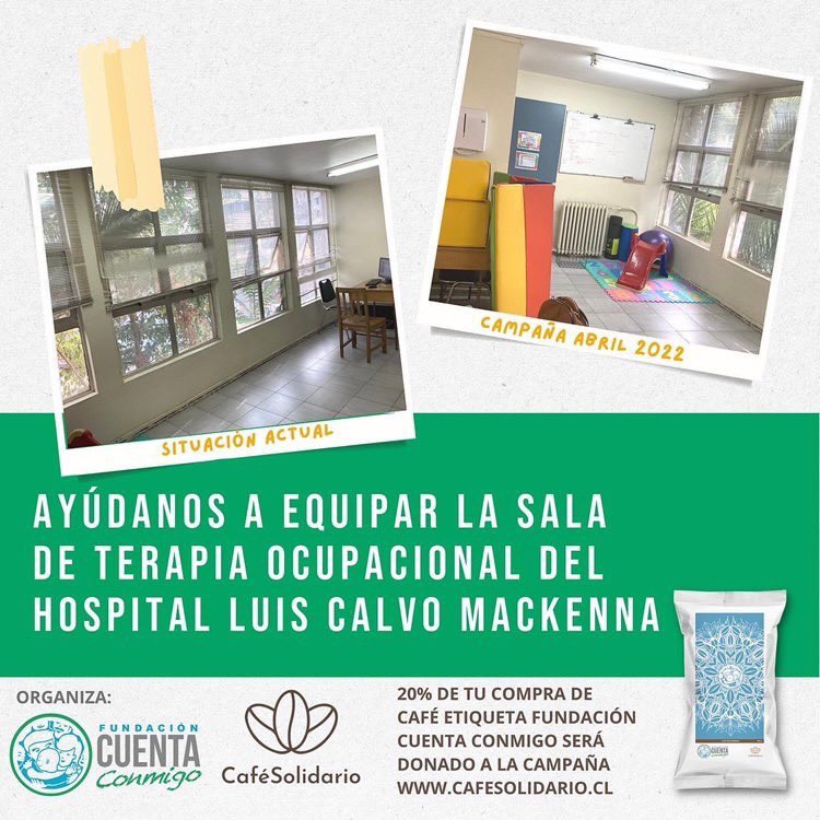 Nos sumamos a la campaña de <a href="/FCuenta_Conmigo/">Fundación Cuenta Conmigo</a>. 

Ayúdanos a equipar la sala de terapia ocupacional del Hospital Luis Calvo Mackenna. 

Más información ℹ️ 

🔗 fundacioncuentaconmigo.cl