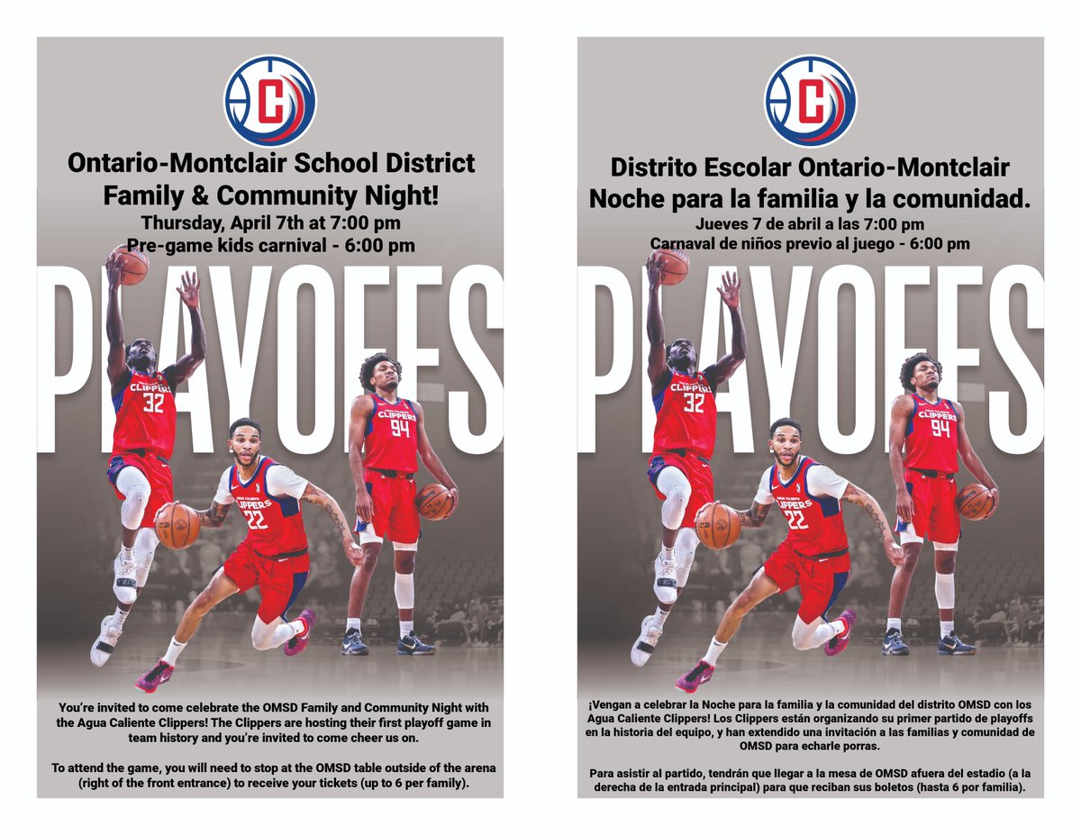 The Agua Caliente Clippers is hosting their first playoff game in team history and as a member of the OMSD Community, you are invited to participate free of charge. Thursday, 4/7/2022 - Please bring this flyer with you.