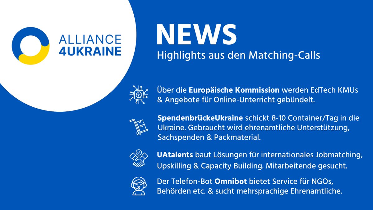 ProjectTogether (@pt_deutschland) on Twitter photo #Alliance4Ukraine 🙏🏼 Wir danken den 100+ Teilnehmenden & Sprecher:innen des gestrigen Matchingcalls. #UAtalents, #SpendenbrückeUkraine & Omnibot.ai stellten Angebote & Bedarfe vor.
🇪🇺 Wichtigen Input gab es aus der <a href="/EuropeanCommiss/">European Commission</a> von Michael Teutsch & <a href="/G_P_Dimitrov/">Georgi Dimitrov</a> #Alliance4Ukraine 🙏🏼 Wir danken den 100+ Teilnehmenden & Sprecher:innen des gestrigen Matchingcalls. #UAtalents, #SpendenbrückeUkraine & Omnibot.ai stellten Angebote & Bedarfe vor.
🇪🇺 Wichtigen Input gab es aus der <a href="/EuropeanCommiss/">European Commission</a> von Michael Teutsch & <a href="/G_P_Dimitrov/">Georgi Dimitrov</a>