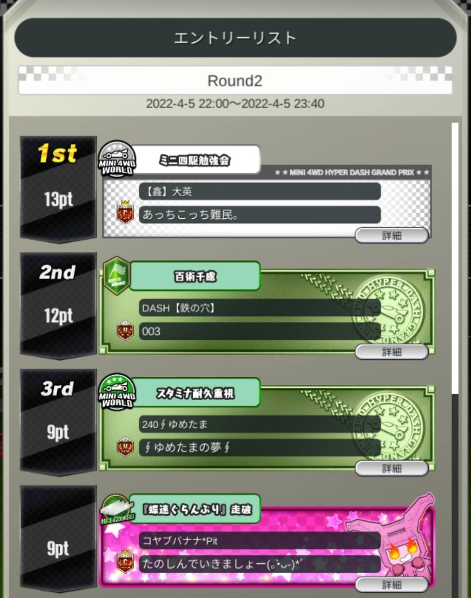 course_dr's tweet photo. #DrCup 
Round2 メガスコリデスサーキット

優勝：大英　(蟲)
レコード：たまりば
最初から最前線のタイムを出し続けた大英さん、最終レースDASHさんの同タイム決着に敗れるも優勝✨
レコード0.001秒届かなかったひのこじさん、そして最終でレコードかっさらったたまりばさん！
皆さまナイスでしたー😋 https://t.co/0YrxeN9ZdG