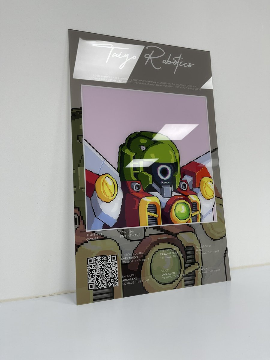 SwitchingChains's tweet photo. Thank you for trusting me and my print services 

Always saw @TaiyoRobotics pfps but never spoked to one except @0xKnightmare 

Can’t wait for you to receive it! 

What the #taiyo community thinks of it? 

#nftprint #wallart #artist #NFTCommunity #print https://t.co/s4Y7M8DALh