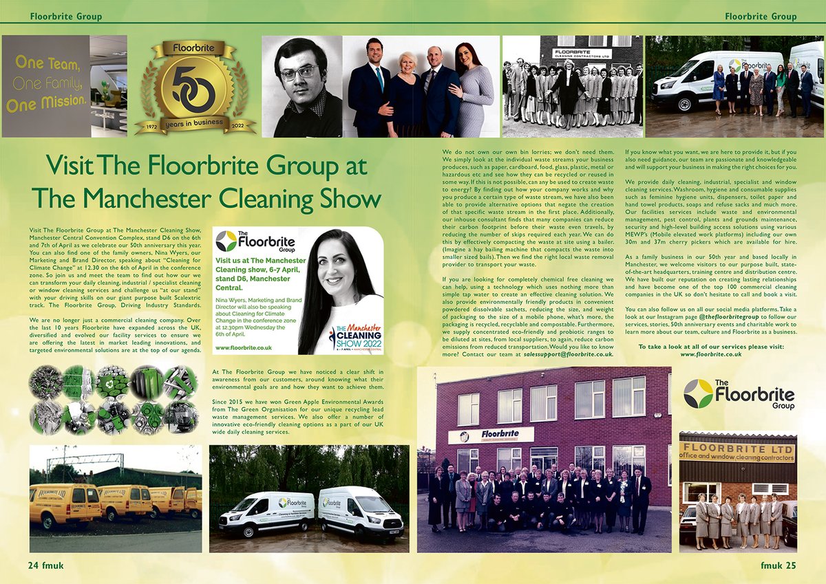 In the April issue of FMUK: Visit <a href="/floorbriteUK/">Floorbrite</a> at The Manchester Cleaning Show, stand D6, to see how they can transform your daily or industrial/specialist #cleaning or #WindowCleaning services. 

➡️fmuk-online.co.uk/features/2541
<a href="/FloorbriteFM/">Nina Wyers</a> 
<a href="/TheCleaningShow/">The Cleaning Show</a>
#facman #FacilitiesMgmt