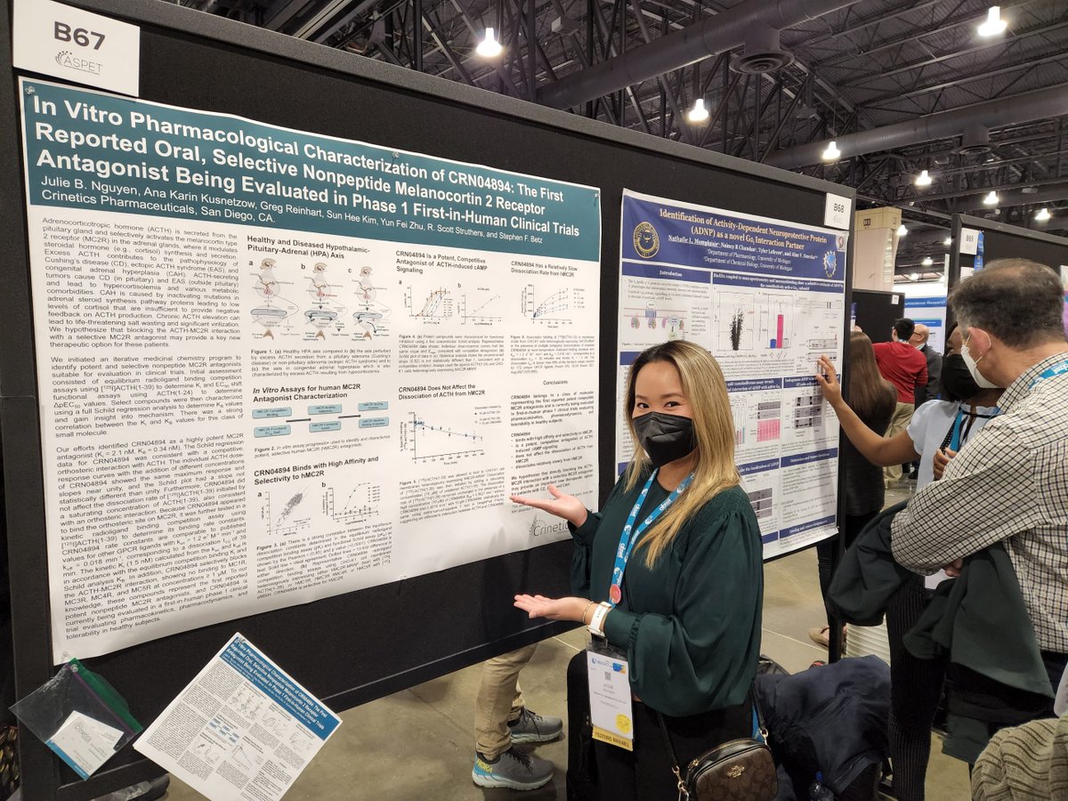 Betz_CRNX's tweet photo. Excited to see conferences in person again! JulieN is presenting some of our work on CRN04894 -- the first nonpeptide ACTH antagonist to go to the clinic -- at @ASPET #ExpBio #expbio2022 this week. #Crinetics $CRNX #CushingsDisease #CAH https://t.co/nxMHTJgH0l