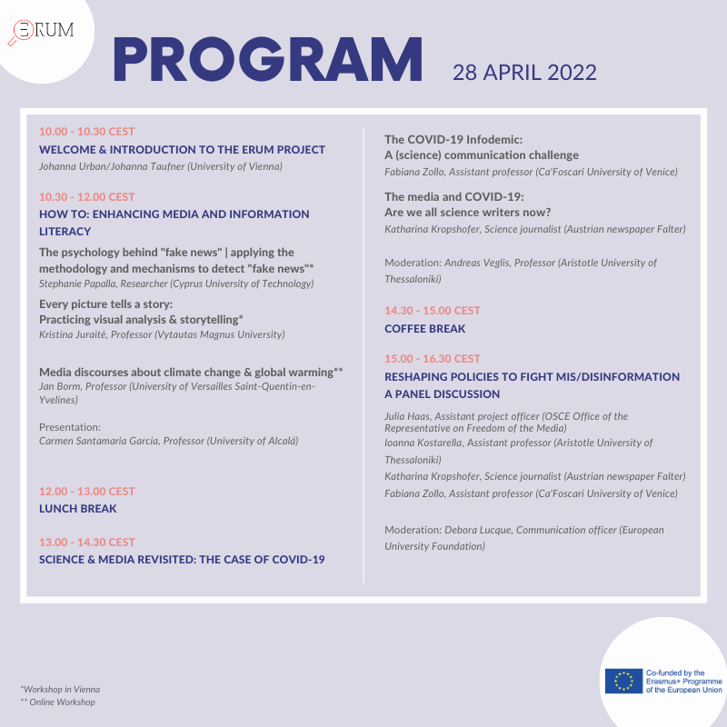 Uni_Foundation's tweet photo. @ERUMproject final conference will bring together researchers, students, media professionals and policy makers.

💡Curious to know what topics will be discussed? Swipe left and discover the full program!