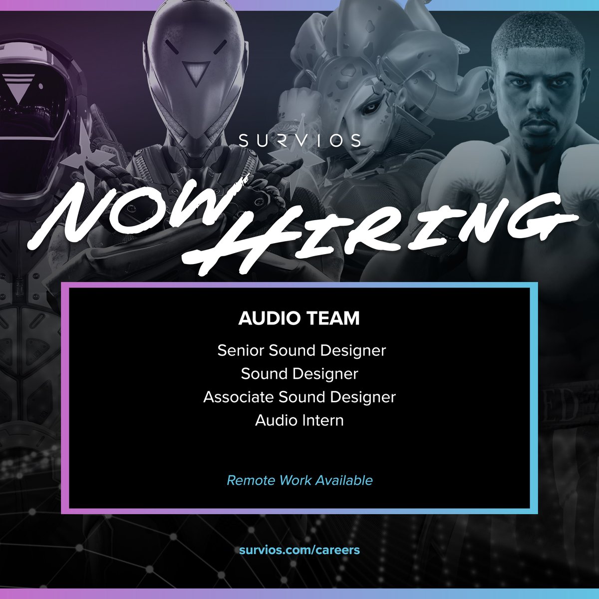 erinhomie's tweet image. Another reminder that we are hiring all types of audio folks over here at @Survios. We've got a very interesting project in the works (yeah yeah everyone says that but I swear). Feel free to reach out with any questions you may have!
#gameaudio