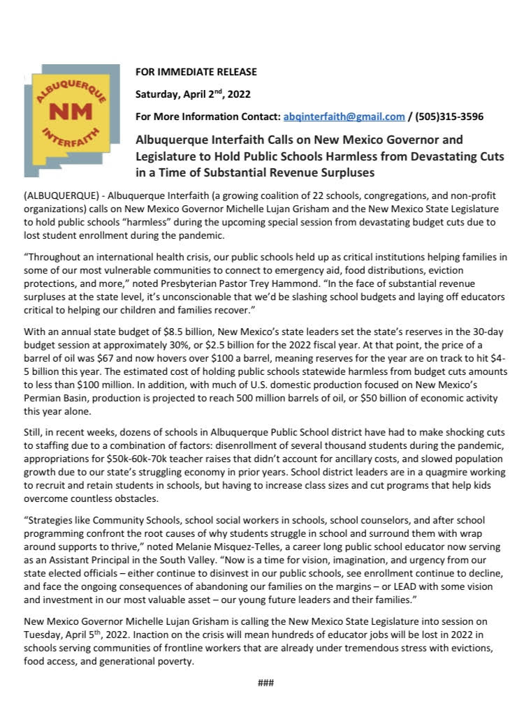 ABQInterfaith's tweet photo. Albuquerque Interfaith coalition of schools, congregations, synagogues, and non-profits calls on New Mexico @GovMLG  and Legislature #nmleg to Hold Public Schools Harmless from Devastating Cuts in a Time of Substantial Revenue Surpluses #nmpol https://t.co/cPKPoneG9v