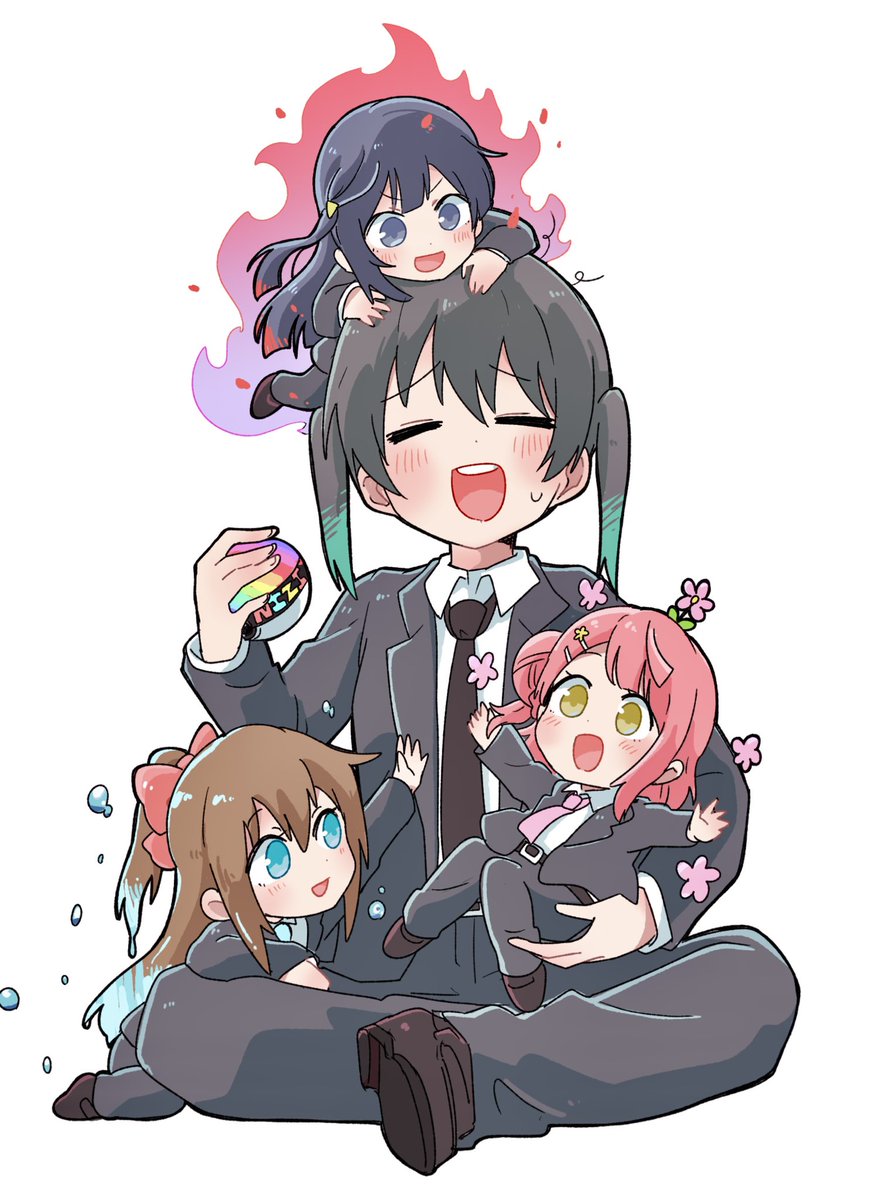 ousaka shizuku ,takasaki yuu ,uehara ayumu ,yuuki setsuna (love live!) multiple girls 4girls brown hair chibi necktie suit poke ball  illustration images