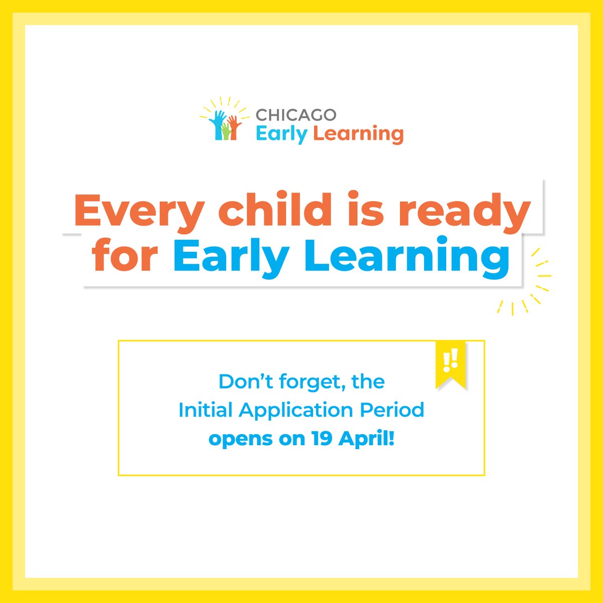ChicagoLearning's tweet image. At #ChicagoEarlyLearning, we like to say that Every Child is Ready! Get ahead of the rush and be ready for the Initial Application Period Launch at ChicagoEarlyLearning.org 🖍️ 🗓️ 🍎