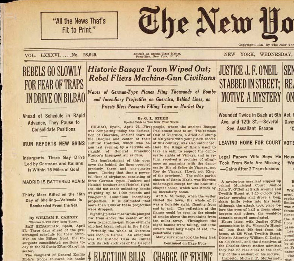 DaniAlvarezEiTB's tweet photo. Zelensky cita ante el Congreso el bombardeo de Gernika en abril de 1937, por los nazis aliados de Franco. Cita bien pensada: en aquel momento, un periodista, George Steer, documentó lo sucedido, que el franquismo quiso atribuir a Agirre, hordas marxistas o mineros asturianos👇🏽 https://t.co/Q4wHGkFftw