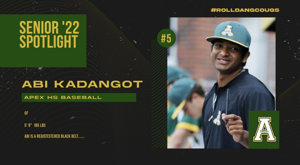 Apex Baseball (@baseballapex) on Twitter photo Today’s Senior Spotlight goes to Abi Kadangot. Abi has played a huge role for our program over the years. Although he is on the DL, Abi is at every practice and every game encouraging and leading. <a href="/coach_olive/">Lane Olive</a> <a href="/apexcougarclub/">Apex Cougar Club</a> <a href="/apexhsathletics/">Apex Athletics</a> Today’s Senior Spotlight goes to Abi Kadangot. Abi has played a huge role for our program over the years. Although he is on the DL, Abi is at every practice and every game encouraging and leading. <a href="/coach_olive/">Lane Olive</a> <a href="/apexcougarclub/">Apex Cougar Club</a> <a href="/apexhsathletics/">Apex Athletics</a>