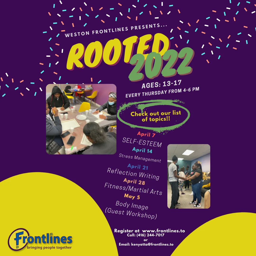 frontlinesto's tweet photo. If your a youth from the age of 13-17 and looking to participate in different discussions centred around various topics then ROOTED is the place to be. Our program runs every Thursday from 4pm-6pm. If interested please REGISTER for the program on our website
.
.
#torontoprograms https://t.co/EFAC8Vxheb