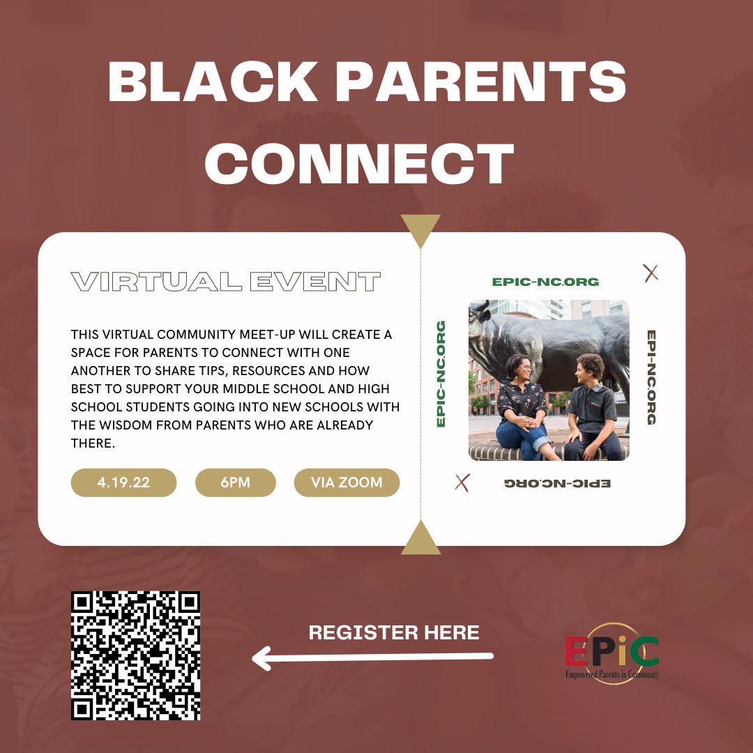 EPIC_equity's tweet photo. Join EPiC on 4.19.22 for our virtual meet up for Black parents to connect.

This event aims to create a space for parents to connect with one another to share tips, resources &amp; how to best support their rising Middle &amp; High school students.

https://t.co/c1G6a6Otb0 https://t.co/1ZoQ1TSCqQ