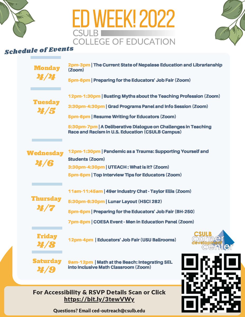 EDWeek!2022 continues today through Saturday, 4/9 with student-centered events focused on programs, fields of education, interview prep, an educators' job fair &amp; more. Check out the schedule ⤵️. For details &amp; to RSVP bit.ly/3tewVWy #csulbced #csulbedweek