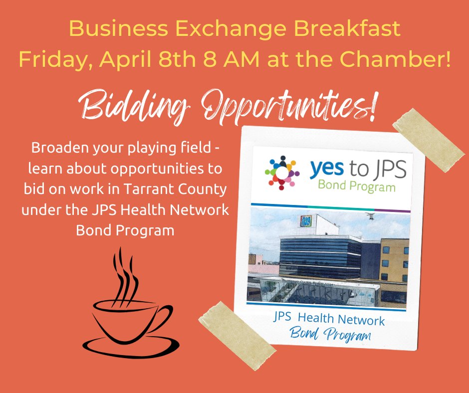 Join us THIS FRIDAY at 8AM as we discuss the "Say Yes to JPS" Bond Program. Bring your business cards and be ready to network! 900 Conover Dr. Grand Prairie, TX 75052