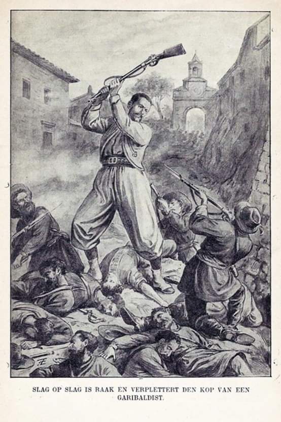 PapalZouaveInt's tweet photo. Dutch Papal Zouave Pieter Jong, described as a "gigantic Hercules". Died at the Battle of Monte Libertti after he was surrounded by a group of Red Shirts and bayonetted a dozan times. He managed to club 14 of them to death before he was killed.

Bl. Pope Pius IX,
Pray for us!🇻🇦 https://t.co/YqkqhW5FQB