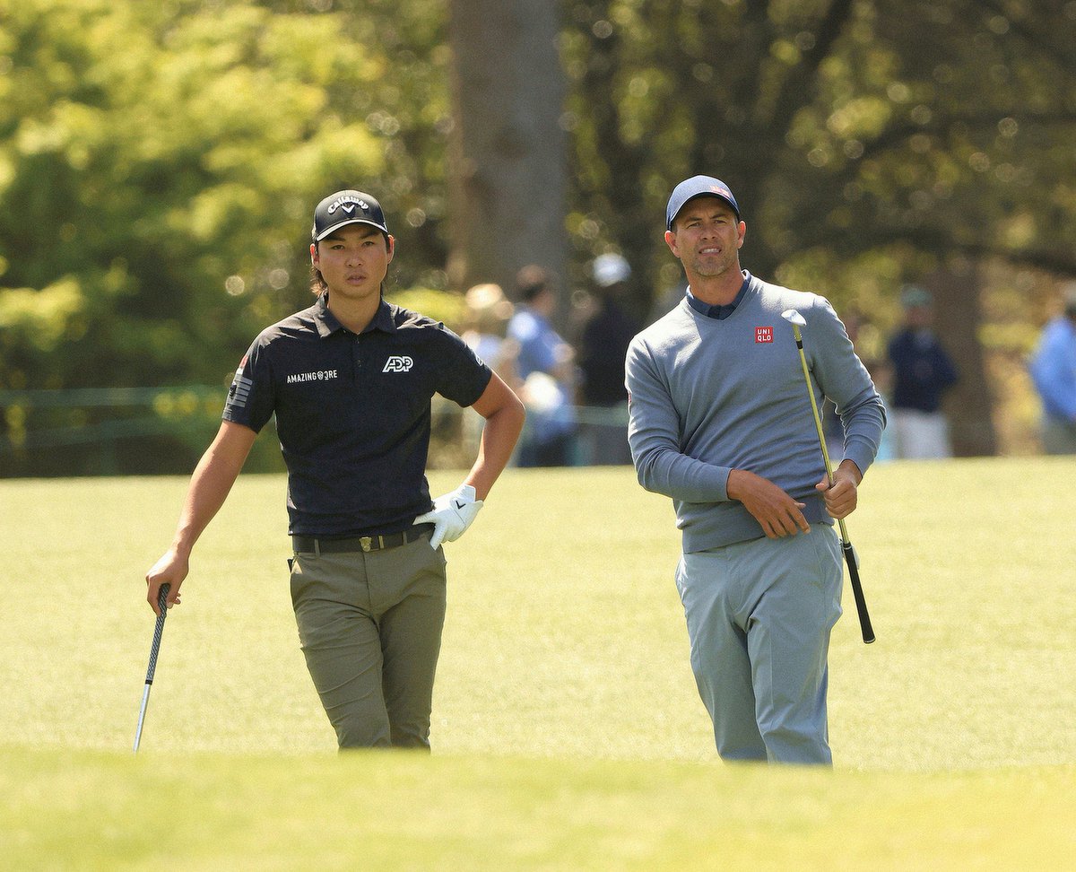 good looking man playing practice round at Augusta National with Adam Scott 😉🇦🇺 #GoAussie <a href="/TheMasters/">The Masters</a>
