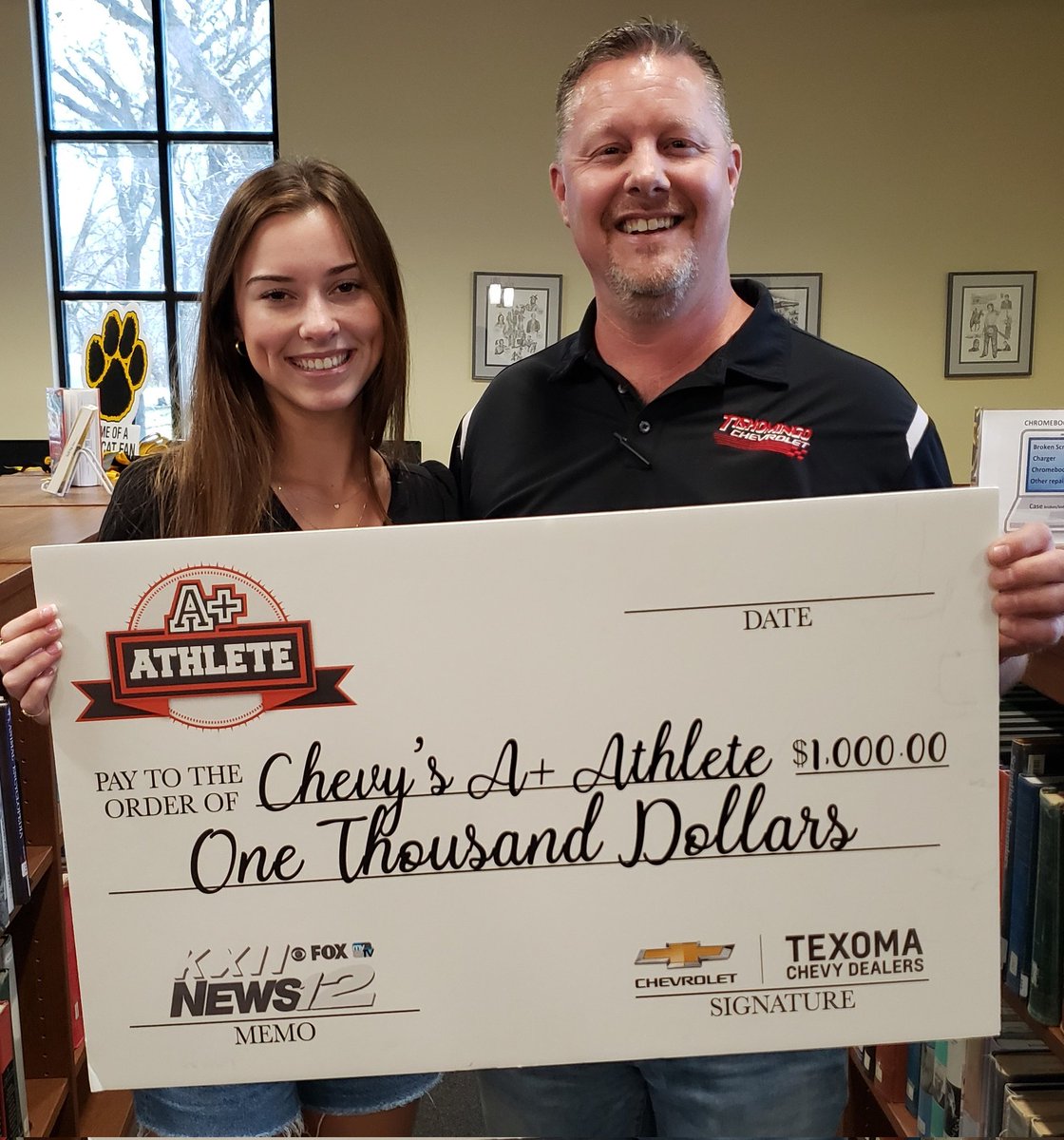 BrandonJacks73's tweet photo. Congratulations to @MadillWildcat @JaydenWeiberg for being @KXIITV A+ Athlete earlier this year. She was presented the scholarship check today at MHS by Joel Northcutt of Tishomingo Chevrolet . https://t.co/tVrdd4szTV