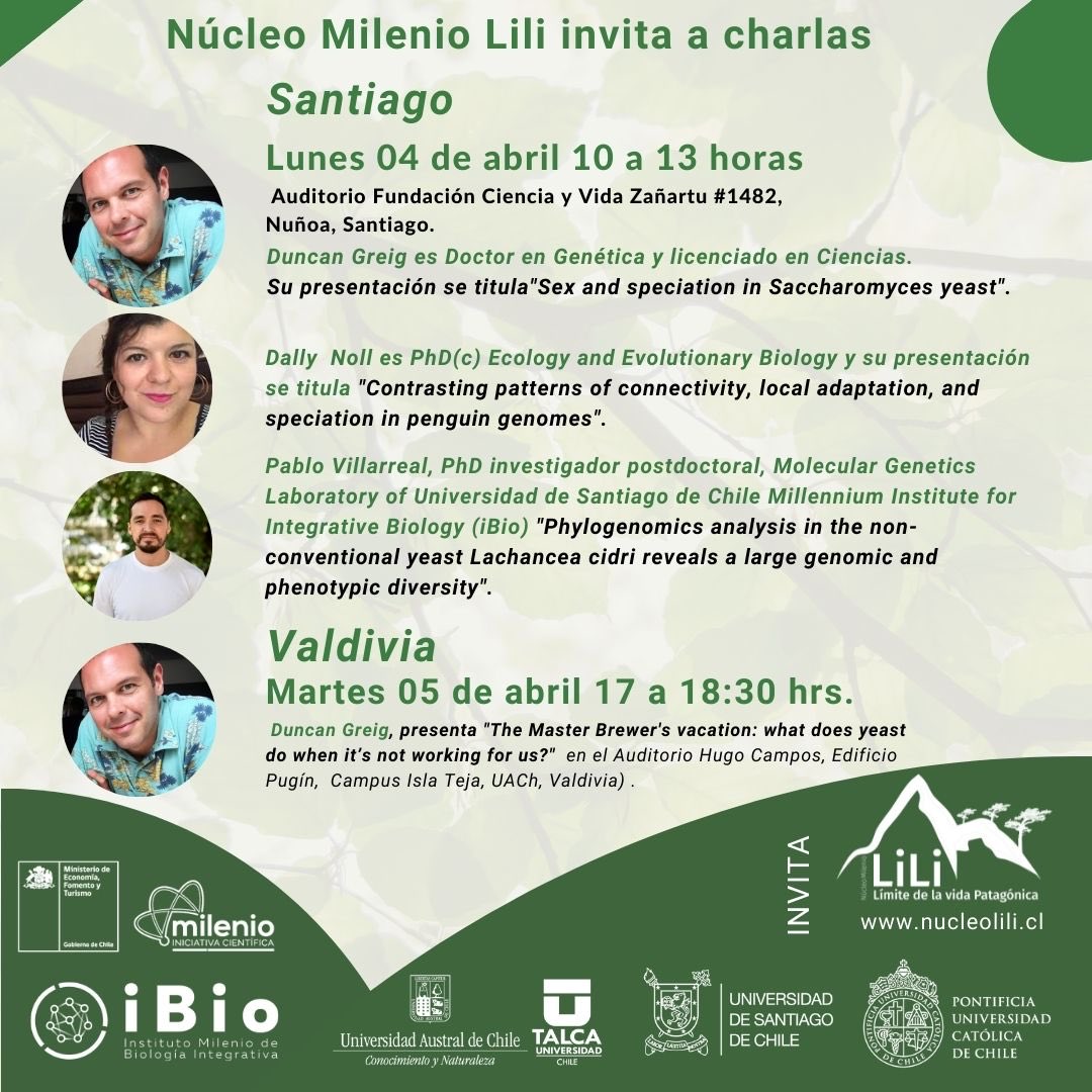 ¡Hay charla! El Núcleo Lili te invita a participar:

🟩 ¿Cuándo? Hoy martes 5 de abril de 17.00 a 18.30 hrs la charla del investigador Duncan Greig - En el Auditorio Hugo Campos, Edificio Pugín,  Campus Isla Teja, UACh.

🤓 Te esperamos