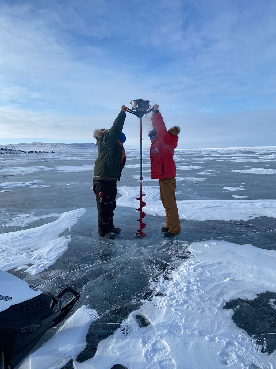 bushcraft_tech's tweet photo. Nearly 8 feet of ice to get through up in the arctic.  Clear as glass though.  You can see all the way through the ice as you are drilling. https://t.co/9rwZ6Y6o0w